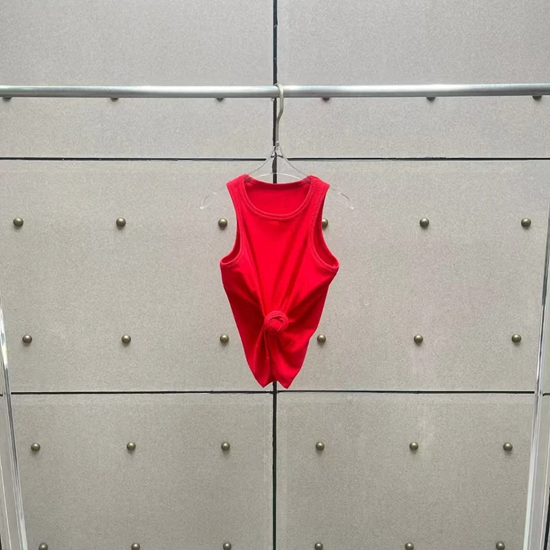 Femmes t-shirts nouveau torsadé fleur noué haut sans manches pour l'été 2025 élastique mince pur coton femmes gilet corset haut court