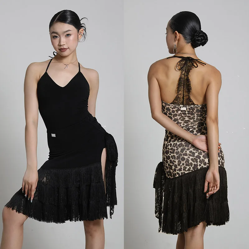 

Женское платье для латиноамериканских танцев румба: кружевной топ без спинки, юбка с разрезом и бахромой, черное платье с леопардовым принтом, для взрослых, для соревнований, SS1529