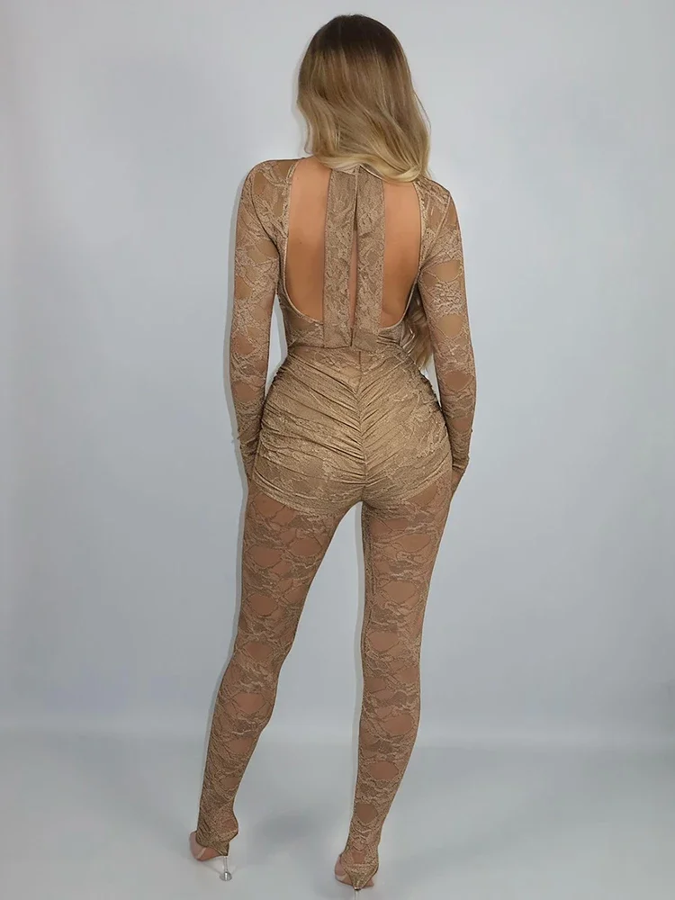 

Jacquard Patchwork Jumpsuits Woman Sexy See Through Turtleneck Backless Full Sleeve Ruched Skinny Peach Buttocks Overalls