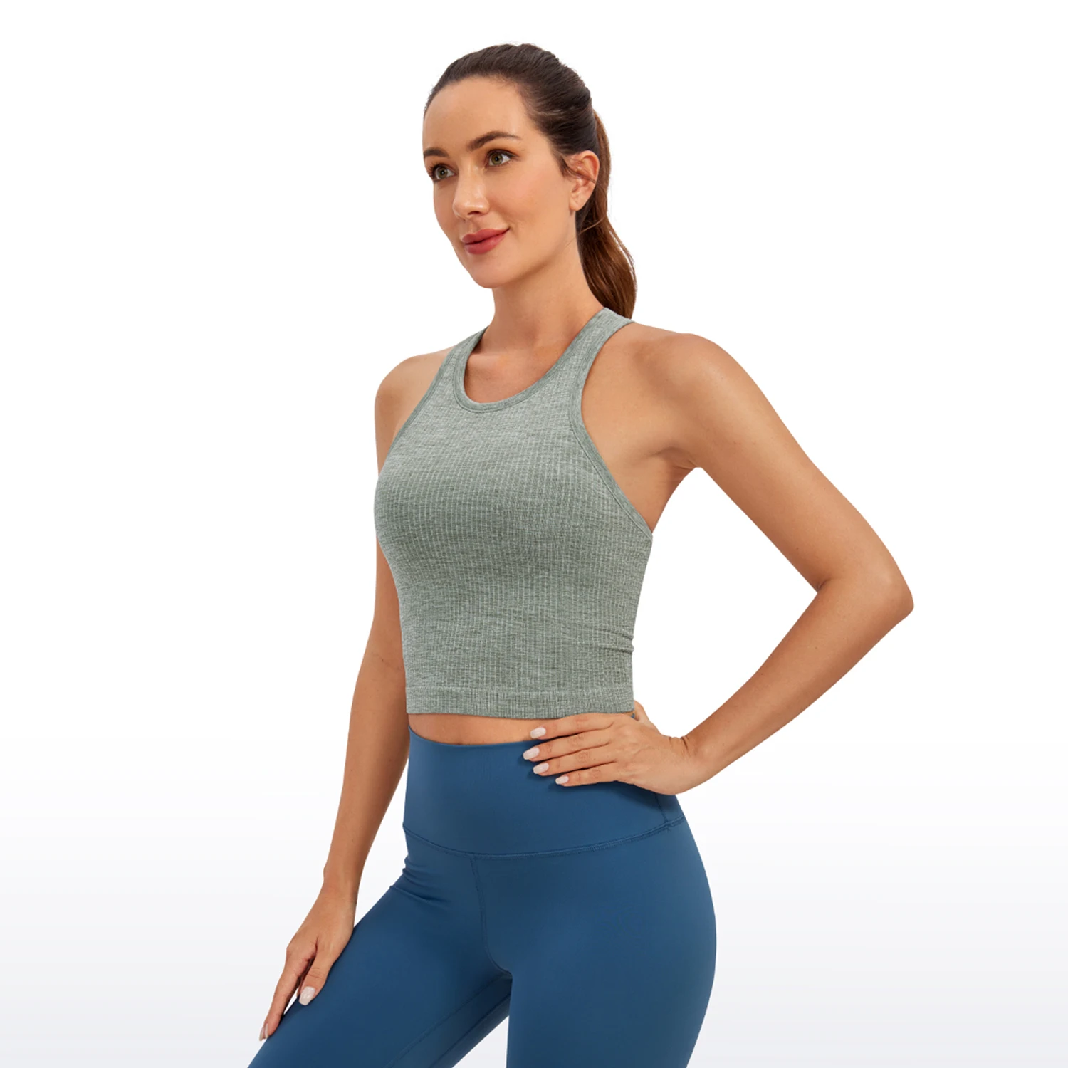 CRZ YOGA Womens Seamless Ribbed Longline High Neck Sports Bra - Racerback Padded Slim Fit Crop Tank Top with Built in Bra