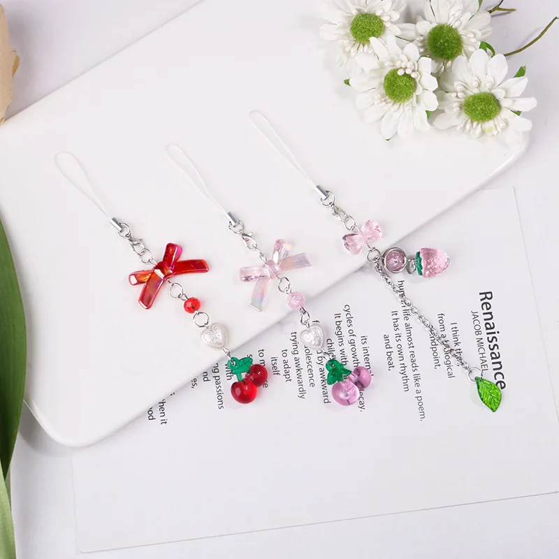 

Cute Acrylic Cherry Strawberry Bow Zinc Alloy Keychain Bag Pendant Girlish Beaded Phone Charms Strap Rope