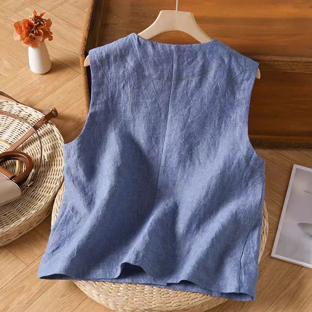 Damska luźna wyszczuplająca prosta bluzka typu top, pasująca do stylizacji artystycznej w stylu retro, na wiosnę i lato, z cienkiego materiału, z okrągłym dekoltem i guzikami...