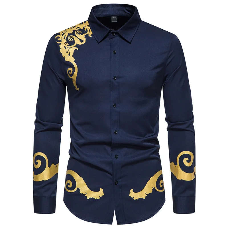 

Stylish Gold Flower Print Navy Shirt Men 2022 Brand New Slim Fit Long Sleeve Mens Dress Shirts Business Casual Male Social Shirt