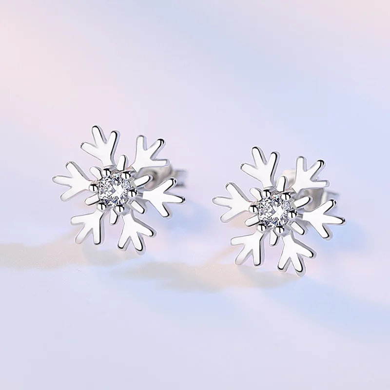 925 Sterling Silver Snowflake Stud Earrings For Women Crystal Wedding Engagement Party Fashion Charm Jewelry