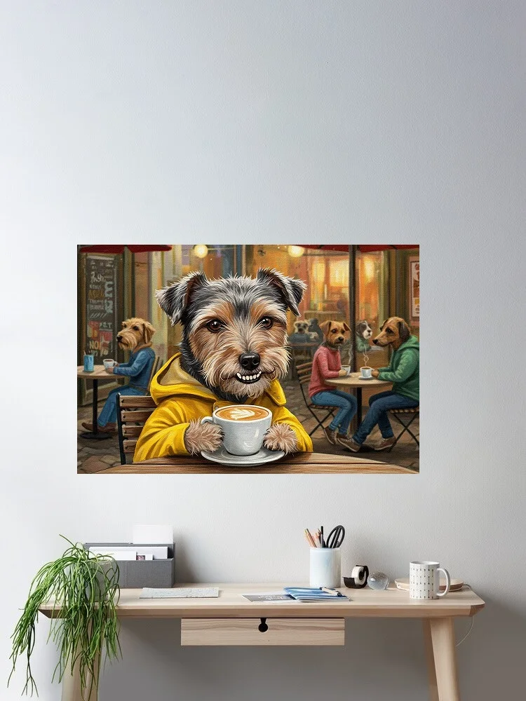 

Dogs Drinking Coffee In Cafe Painting, Print Art Canvas Poster, For Living Room Decor Home Wall Picture