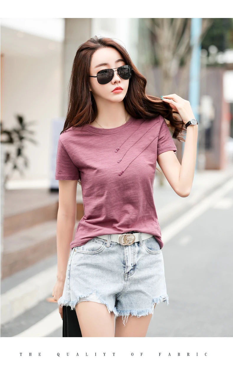 AOSSVIAO 2026 Summer Solid Color Women's T-Shirts Slub Cotton O-Neck Short Sleeve T-Shirt Loose Casual Simple Button Basic Top