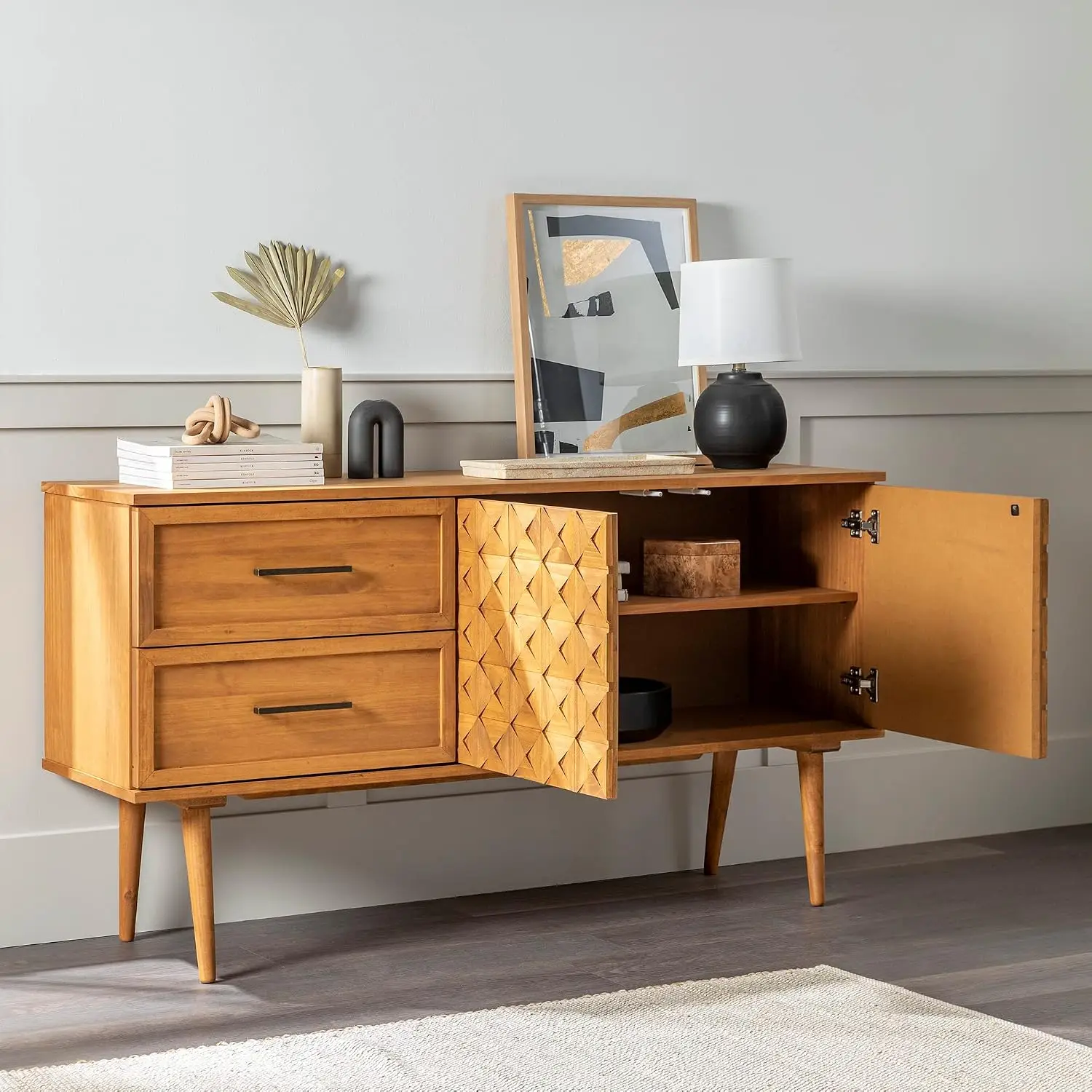 Solid Wood 2 Door Sideboard With Prism Detail 58 Inch Caramel, Customized