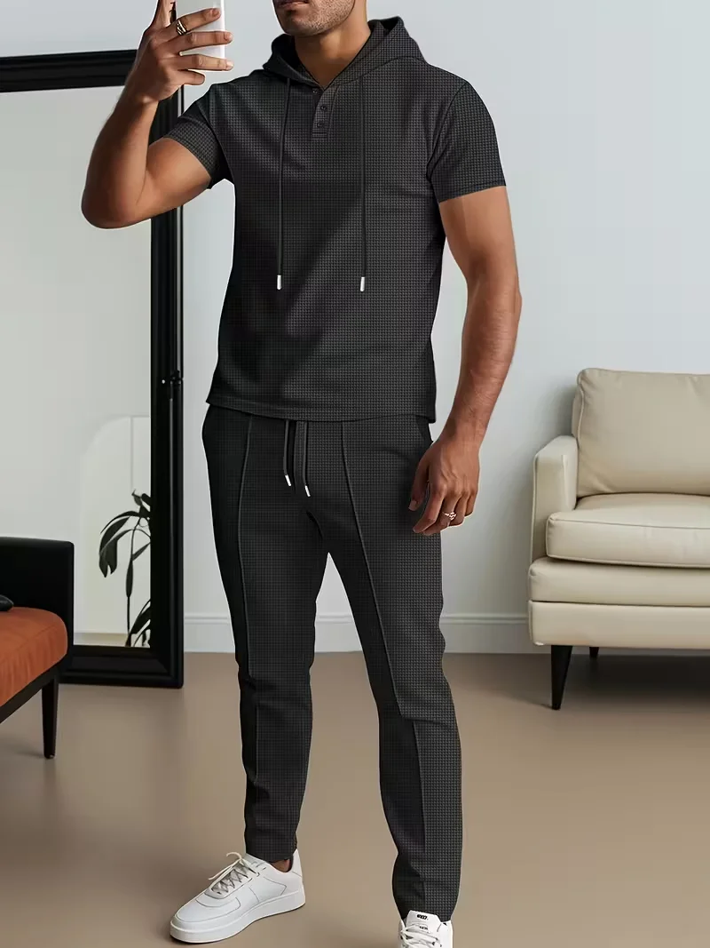 Men's Spring and 2026Autumn Top New Solid Color Button Pocket Shirt Men's Casual Shirt Short Sleeve Pants Set view 4
