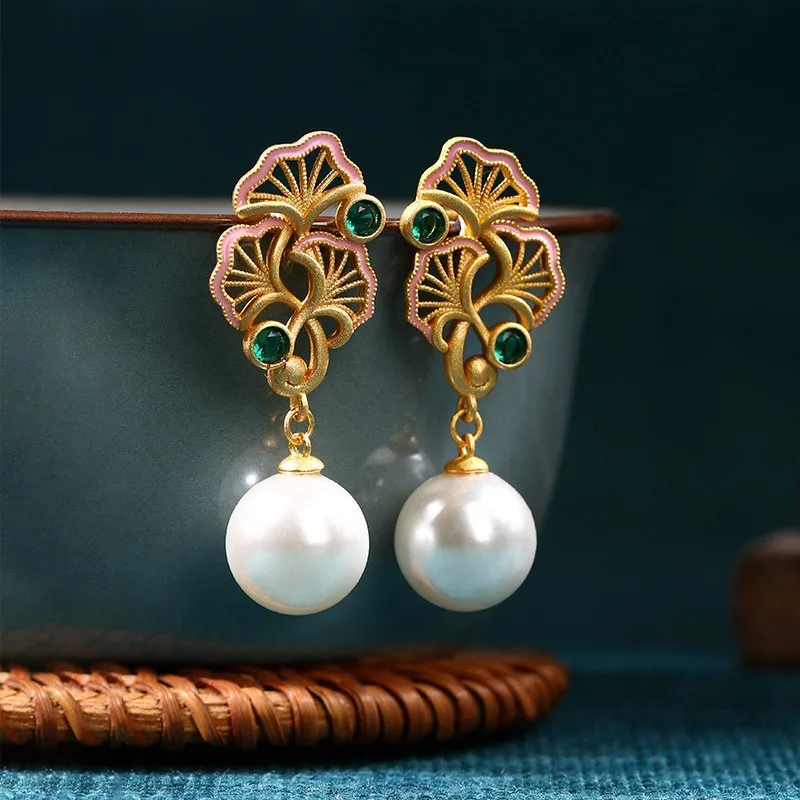 Ethnic Chinese Enamel Butterfly Flower Earrings for Women Retro Design Palace Style Pearl Pendant Luxury Jewelry Fashion Gifts