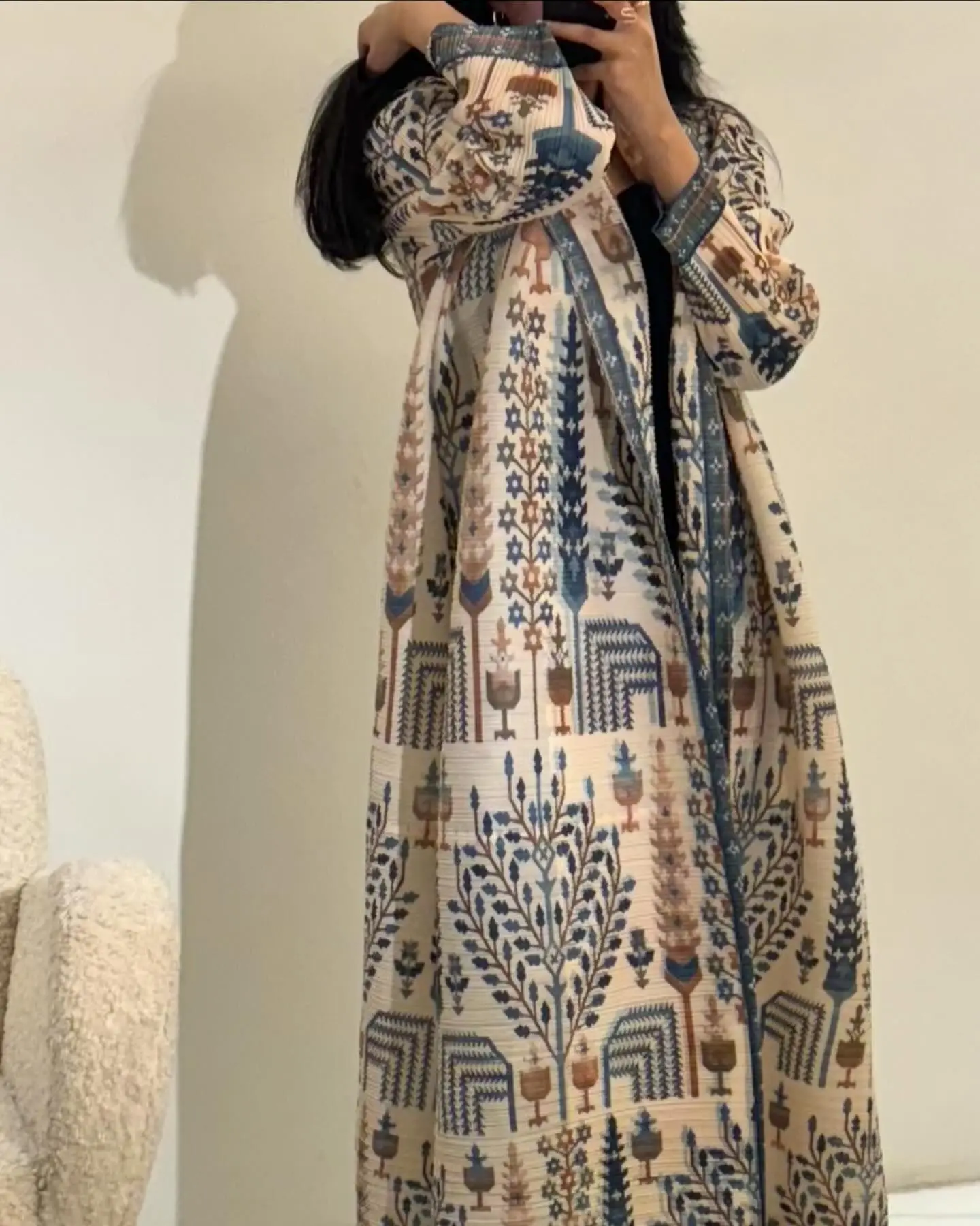 2024 Dubai Printed Pleated Long Women Muslim Lapel Tie Robe Large Size Muslim Pleated Belt Casual Modest Women Abaya