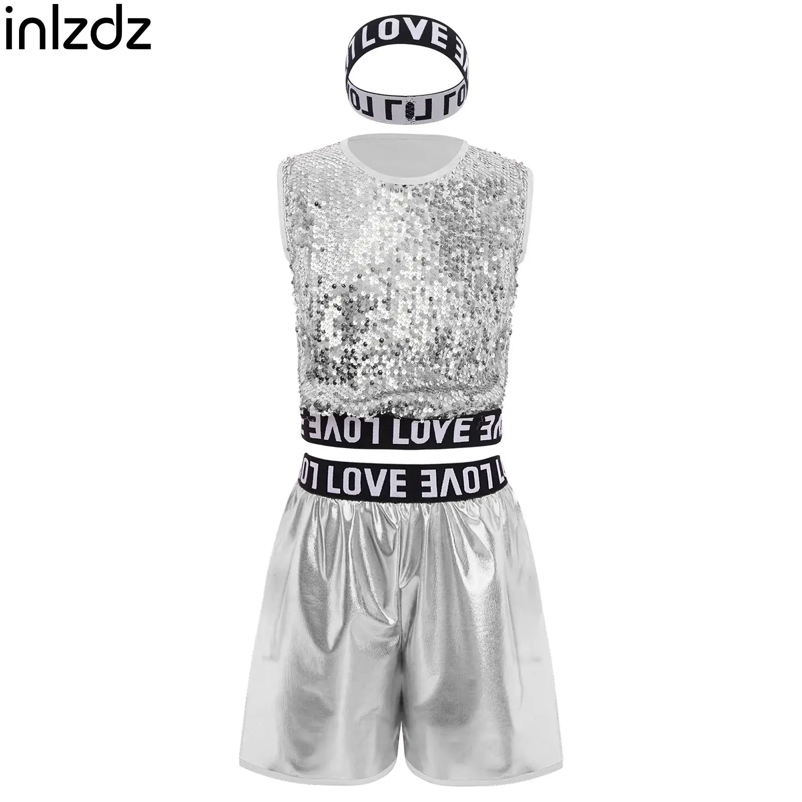 

Sparkly Sequins Hip-Hop Jazz Dance Costume for Kids Boys Sleeveless Vest with Metallic Shorts And Hairband Stage Performance Set