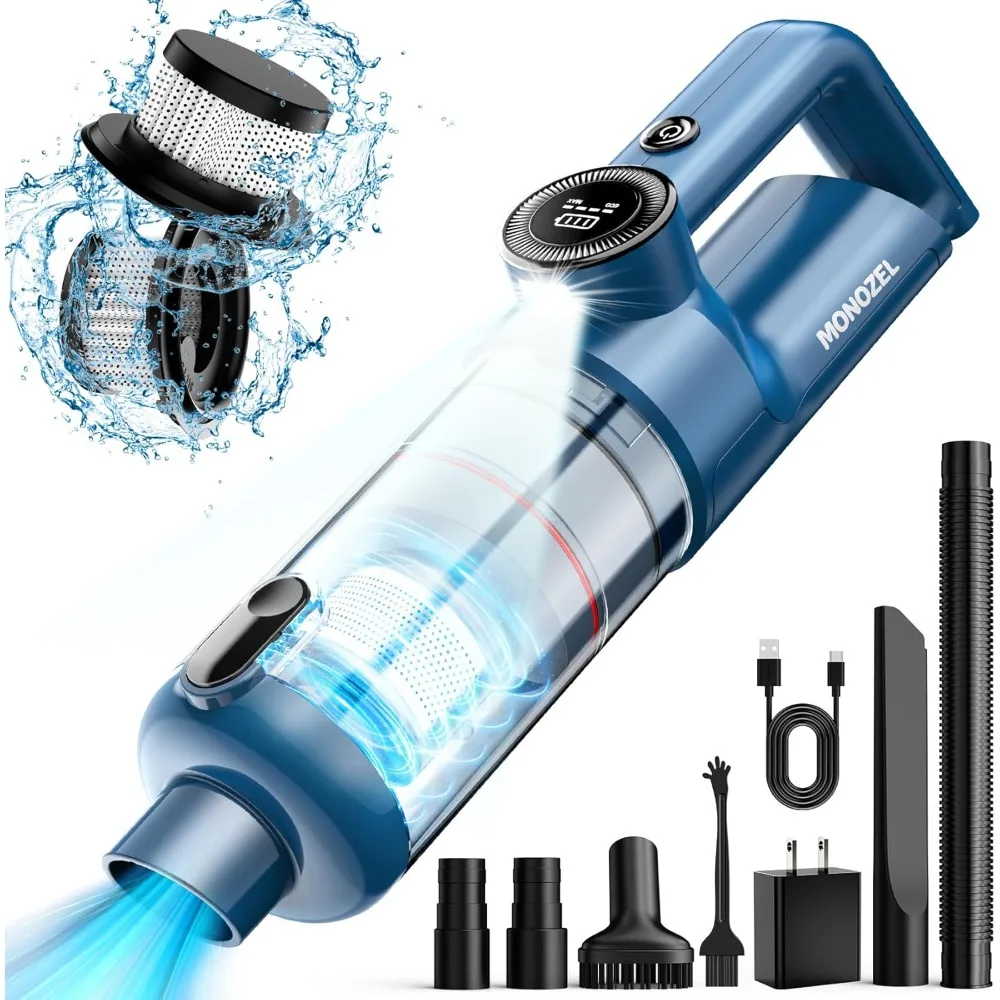 

Handheld Vacuum Cordless - Car Vacuum Cleaner with Brushless Motor, 15000Pa Strong Suction with LED Light, Type C Port, 2 Fliter