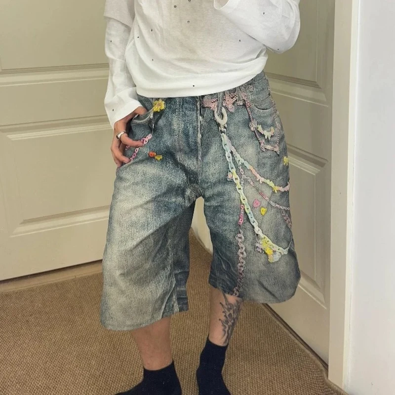 Мешковатые джинсы с 3D принтом конфетной цепочки для мужчин, уличная одежда, летние широкие лоскутные повседневные свободные брюки до колена, большие размеры