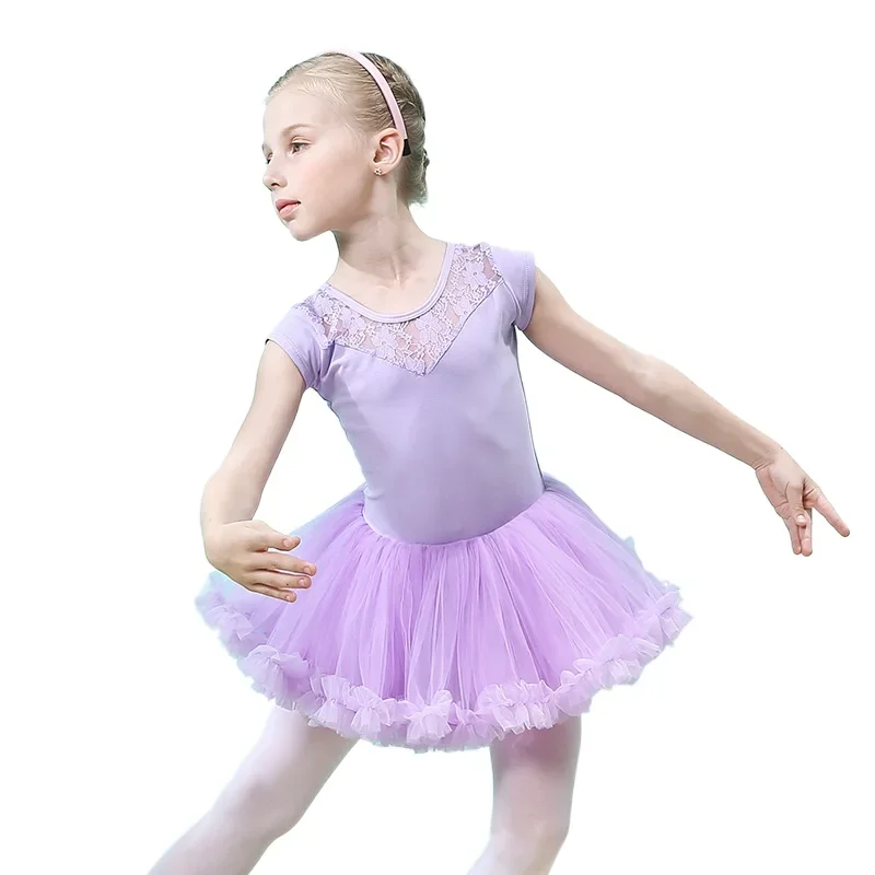 Trajes de dança para meninas, collant de ginástica infantil, dancewear, vestido tutu, manga curta, roupa de bailarina, roupa de balé