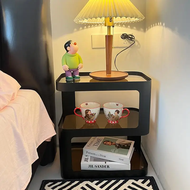 

Light luxury high-end glass wrought iron bedroom household bedside table medieval creative black small bedside table simple