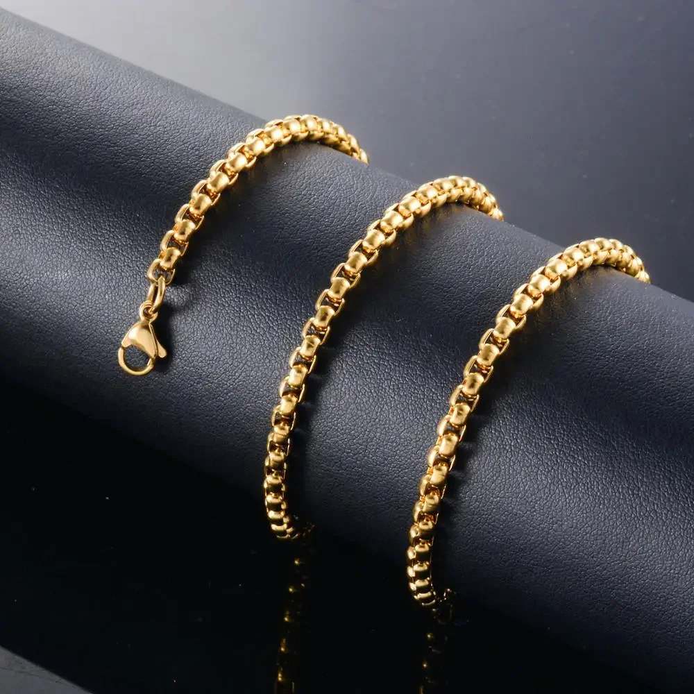 High Quality Stainless Steel Gold Color Round Box Necklace Square Pearl Chain 2/3/4/5mm Men and Women Jewelry Wholesale