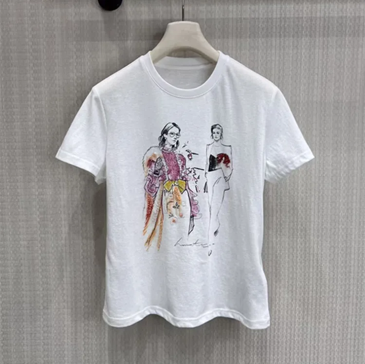 

Customization European women's clothing - New summer styles for 2026 Round-neck short-sleeved beaded cartoon character T-shirt