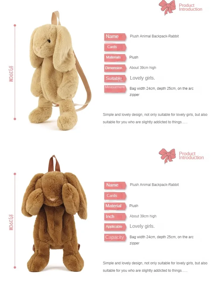 Bunny Plush Backpacks Cute Stuffed Animal Toys Lop Rabbit Bags for Kids Boy Girls