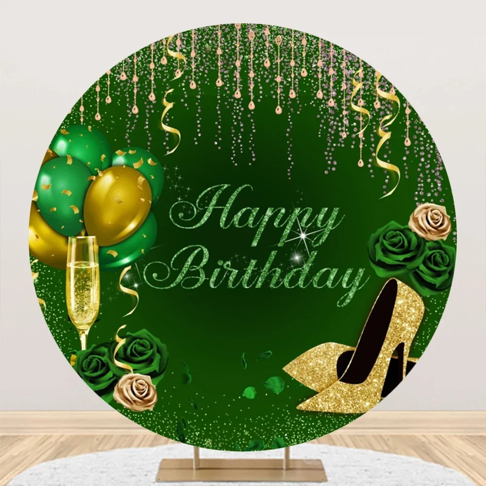 Adult Happy Birthday Round Photography Backdrop Cover White Gold Glitter Balloon Circle Baby Shower Photo Background Studio Prop