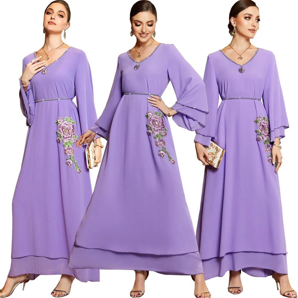 Moroccan Jalabiya Kaftan Dress For Women Dubai Turkey Luxury Rhinestone Embroidery Loose Chiffon Muslim Arabic Islamic Clothing