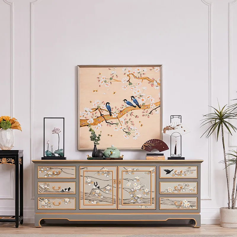 New Chinese style hand-painted floral and bird living room, champagne gray solid wood entryway side storage cabinet