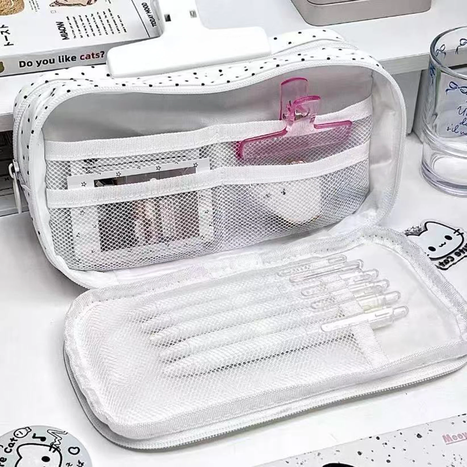 Cat Pattern Pencil Case with Blue Polka Dot Design Pencil Bag for Students School Supplies Multi-Layer Large Capacity Pen Bag image 4