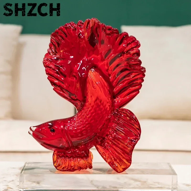Light Luxury Creative Glass Red Koi Ornaments Living Room Wine Cabinet Porch Festival Small Ornaments and Miniature Model