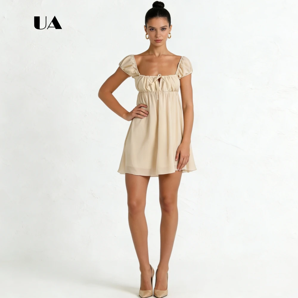 

ULBYANRY Chiffon Lace-up Fit-and-flare Mini Dress, Solid Puff Sleeve Evening Dress, Simple Waist-cinching Customized Party Gown