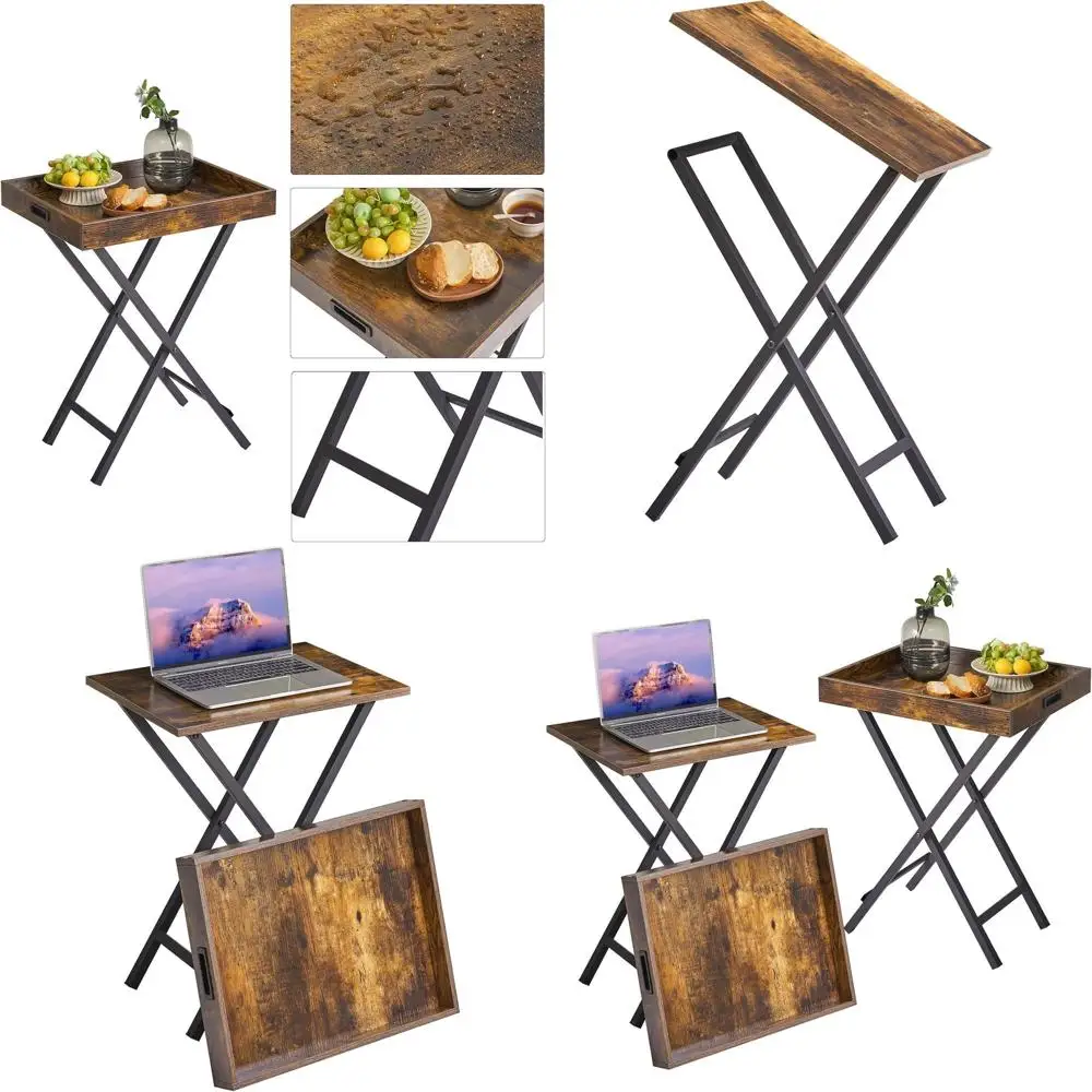

Portable Wooden TV Tray Set of 2 with Removable Serving Trays, Ideal for Living Room, Bedroom, Office, and Camping, Rustic Brown