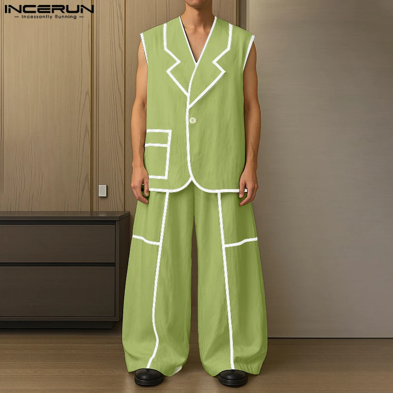 

INCERUN мужские комплекты, лоскутные жилеты без рукавов с лацканами и брюки, комплекты из двух предметов, уличная одежда, оверсайз, 2021, модные повседневные мужские костюмы