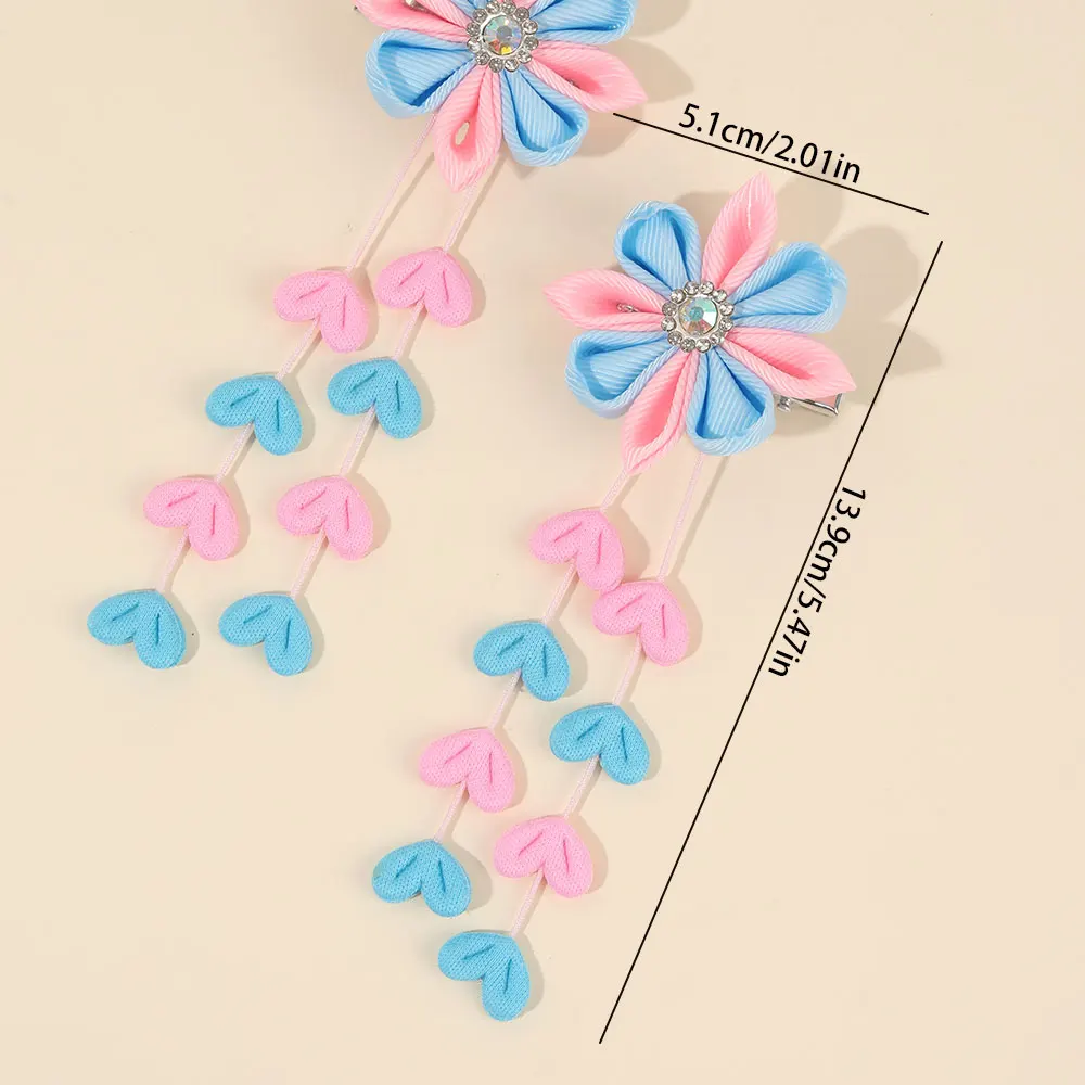 2Pcs Pink Ribbon Floral Hair Clips Love Heart Tassels Hairpin Handmade Stain Flower Barrettes Kids New Headwear Children Gifts