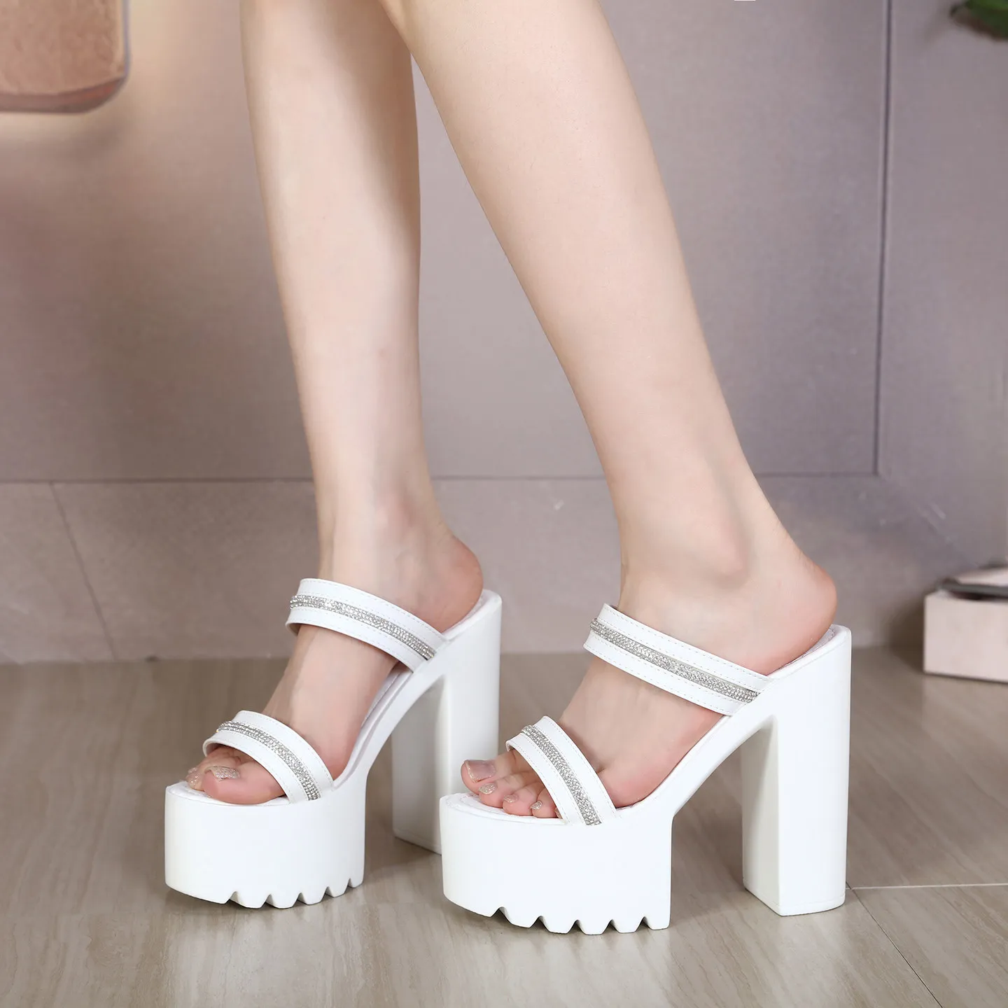 Summer Women Rhinestone Slides 16cm Ultra High Chunky Heel Platform Sandals Open Toe Slippers Sexy Thick Sole Lady Shoes