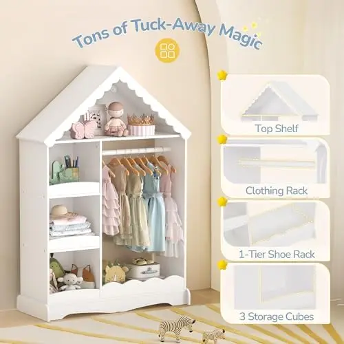 Dollhouse Kids Dress Up Storage with Full-Length Mirror & Touch Activated Light, Open Hanging Kids Wardrobe Closet