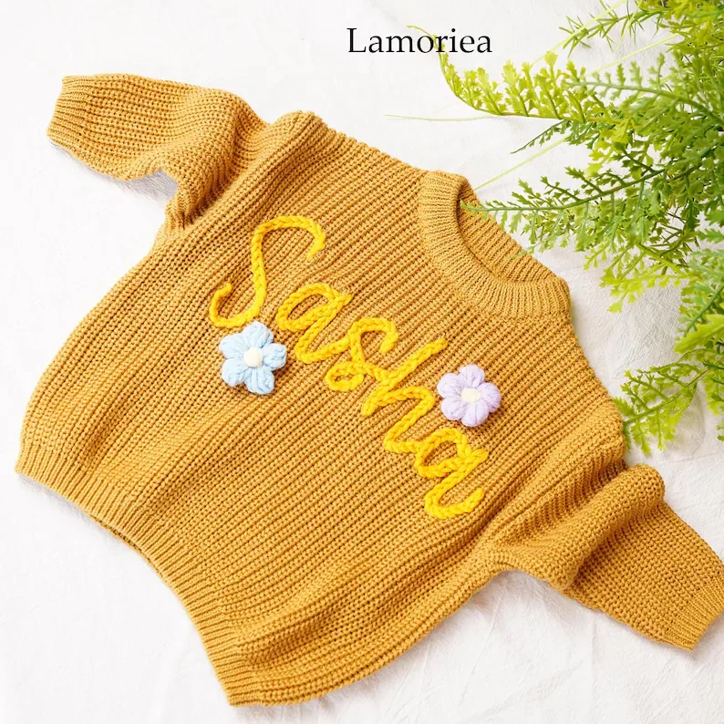 Hand-Embroidered Name Sweaters Personalized Baby Knit Jumper Monogram Custom Name Sweaters Christmas gift Birthday Gift For Kid