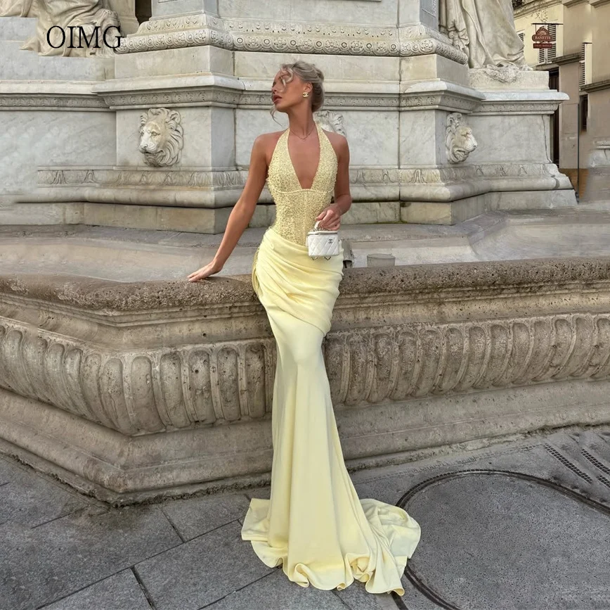 

OIMG Sexy Yellow Sequined Halter Mermaid Prom Gowns Backless Evening Dress Floor Length Party Dress vestidos de gala Customized