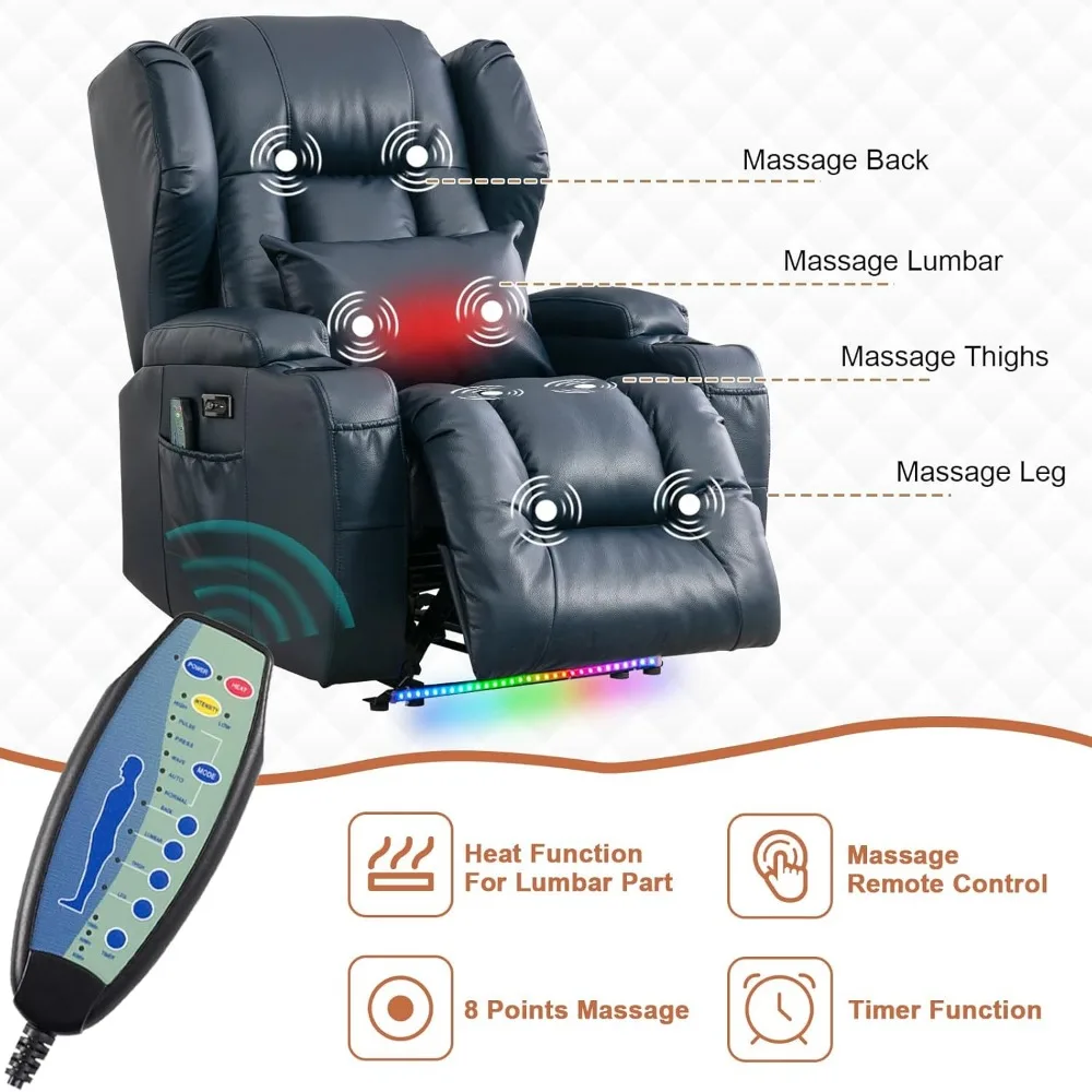 Power Recliner Chair with Massage & Heat, Comfy Home Theater Seating with USB Port, Led, Lumbar Pillow, Leather Recliner Sofa