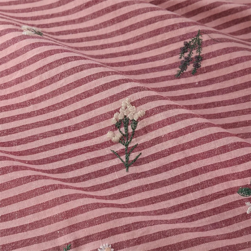 Linen-cotton Fabric Pink aYellow Striped Embroidery Floral Sleepwear Dress Shirt Fabric