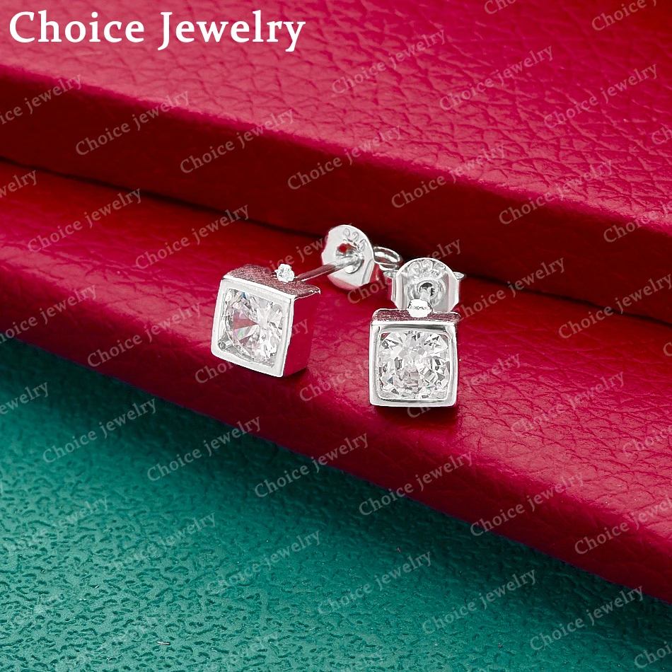 925 Sterling Silver Zircon Block Stud Earrings For Women Fashion Jewelry Charm Party Wedding Anniversary Accessories
