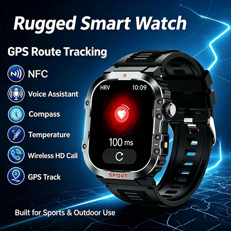 

Rugged Smart Watch with GPS Track NFC Compass Temperature Monitor Wireless HD Call Voice Assistant Outdoor Sports Watch for Men