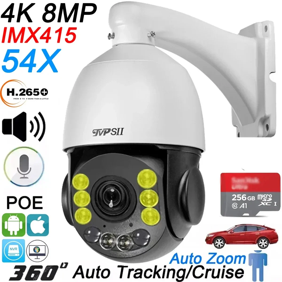 

Full Color Infrared Max.512GB Auto Tracking 8MP 4K H.265+ 54X Optical Zoom 360° Audio ONVIF PTZ POE IP Speed Surveillance Camera