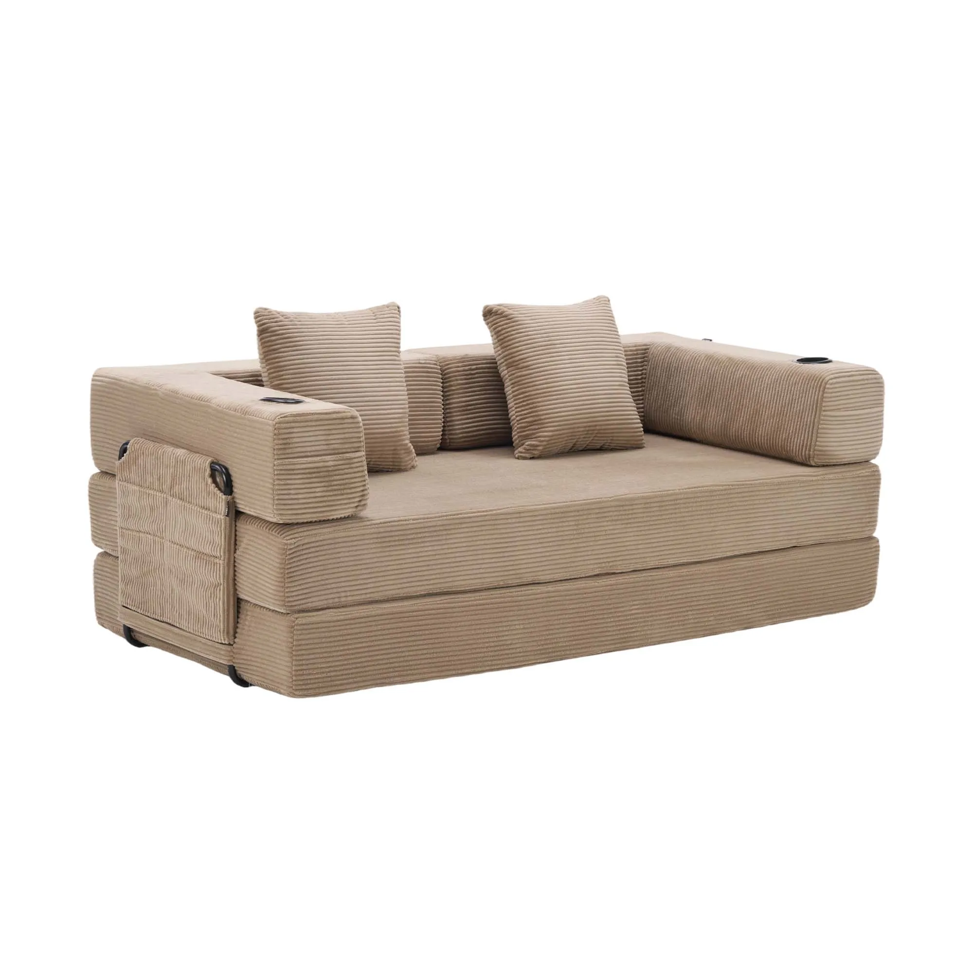 WELAX 185 cm Schlafsofa Bett, Cloud Futon Sofa Queen Size, Klappbares Cord Boden Sofa mit Getränkehaltern und Aufbewahrungstaschen, Modulares Sofa für Schlafzimmer Wohnzimmer Wohnung, Kein Aufbau