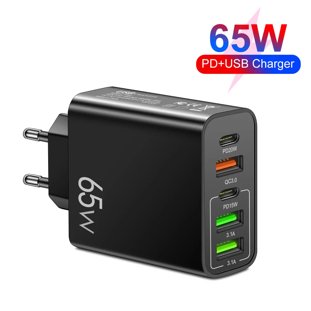 携帯電話アダプタータイプC PD,5ポート急速充電,iPhone, Samsung, Xiaomi用の壁充電器,合計65W, USBタイプC