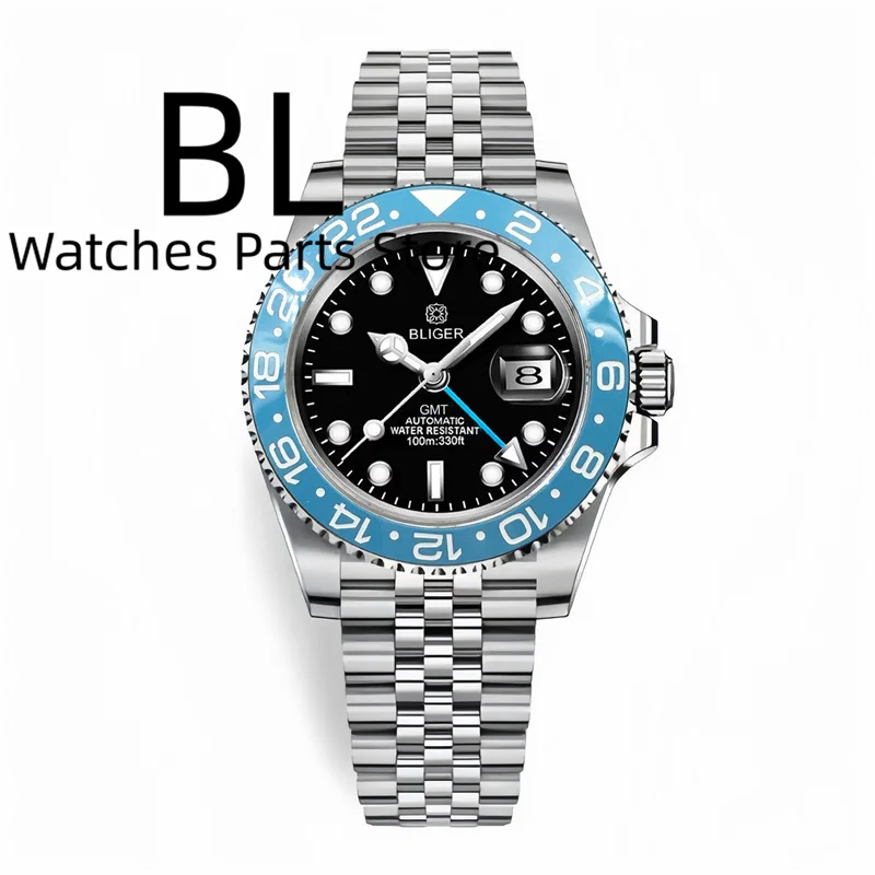 

BLIGER Роскошные небесно-голубые керамические безели GMT Механические часы для мужчин 40 мм Автоматические часы 10 бар Водонепроницаемое сапфировое стекло Светящееся