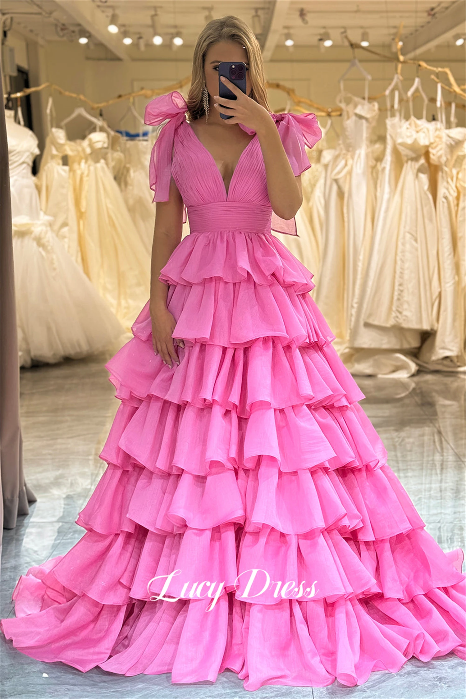 

Lucy Ball Gown Layered Party Dress V-neck Graduation Hot Pink Chiffon Line A Sharon Happy Luxury Dresses Women 2024 Evening