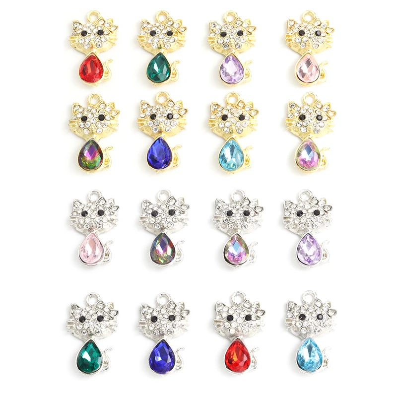 10pcs Rhinestones Inlaid kawaii Cat Charms Girls Trendy Jewelry Findings DIY Gifts For Women Necklace Bracelet Earrings Pendants