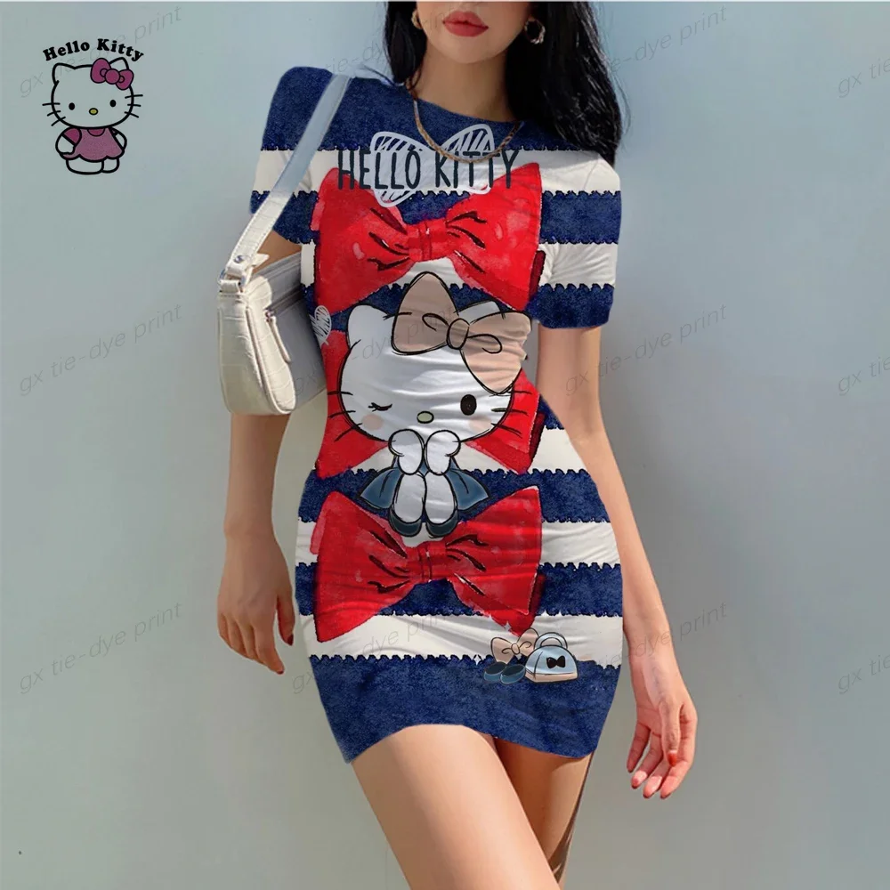 New round neck short sleeved Hello Kitty tight mini skirt sexy short skirt elegant chest slim fit pleated dress for women