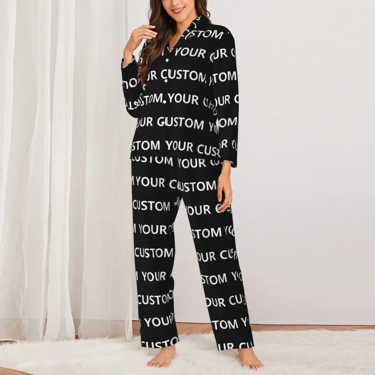Personalizado diy sua imagem pijamas feminino adicionar design moda quarto pijamas outono 2 peças casual conjunto de pijama gráfico de grandes dimensões