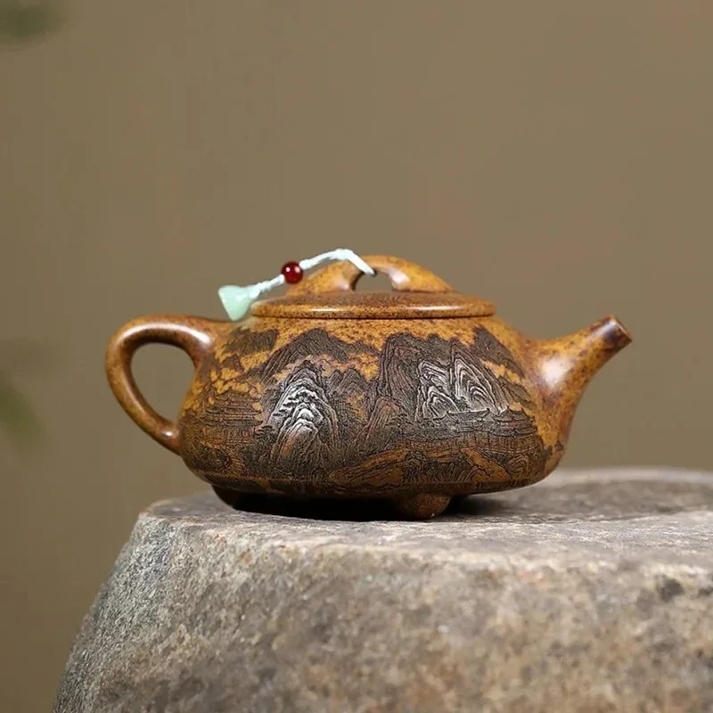 Chinese Yixing Purple Clay Teapot Large Capacity Handmade Tea Pot Hand-carved Landscape Kettle Household Zisha Tea Set 500ml