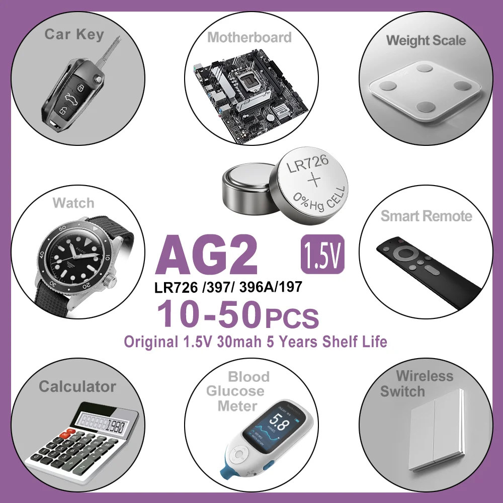 10-50PCS 1.55V AG2 Alkaline Button Battery LR726 397 396A SR726 SR726SW LR59 SR59 396 Button Battery For Watch Toys Remote Cell
