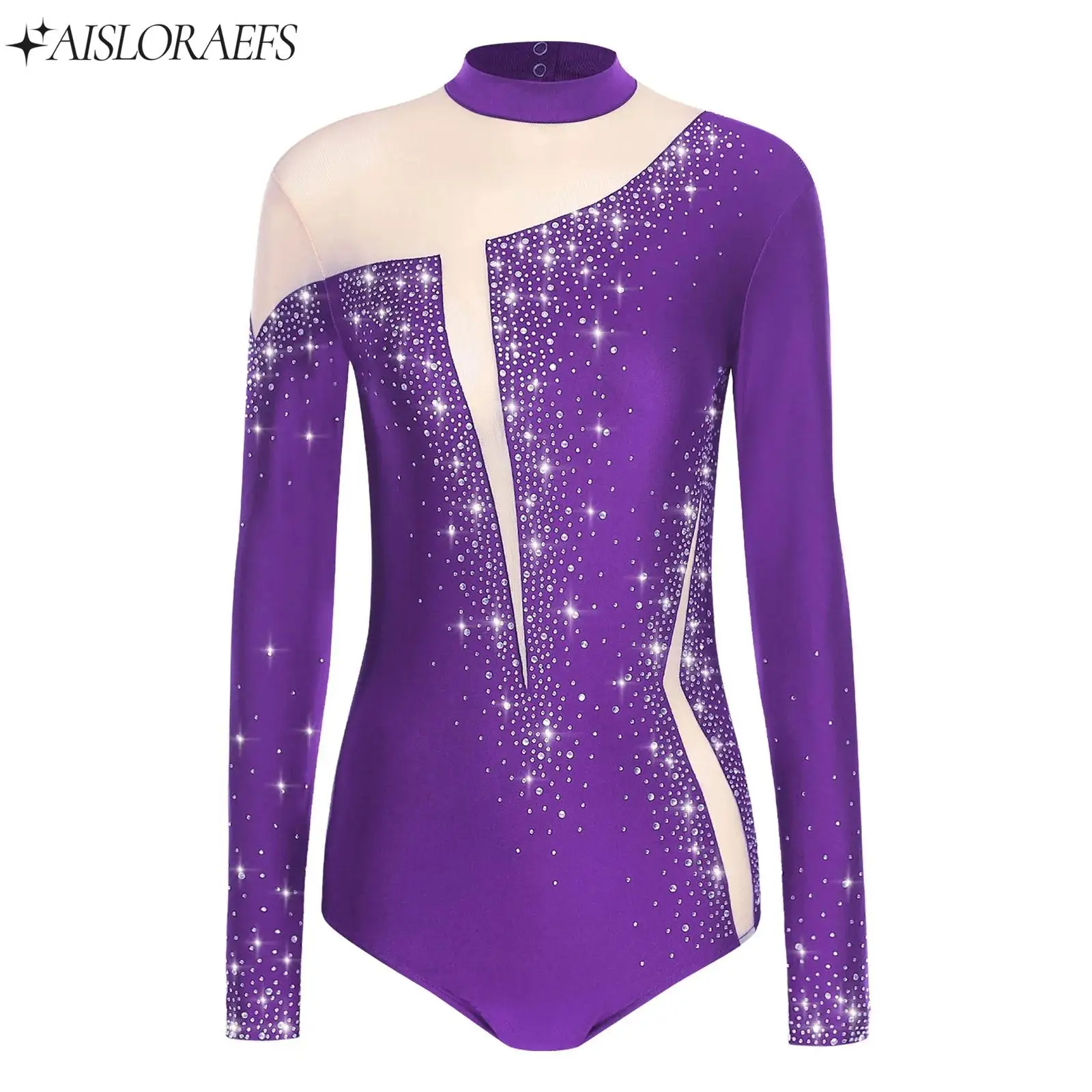 

One-piece Swimsuit for Womens Ballet Gymnastics Leotard Long Sleeve Shiny Rhinestones Mesh Bodysuit Performance Skating Clothes